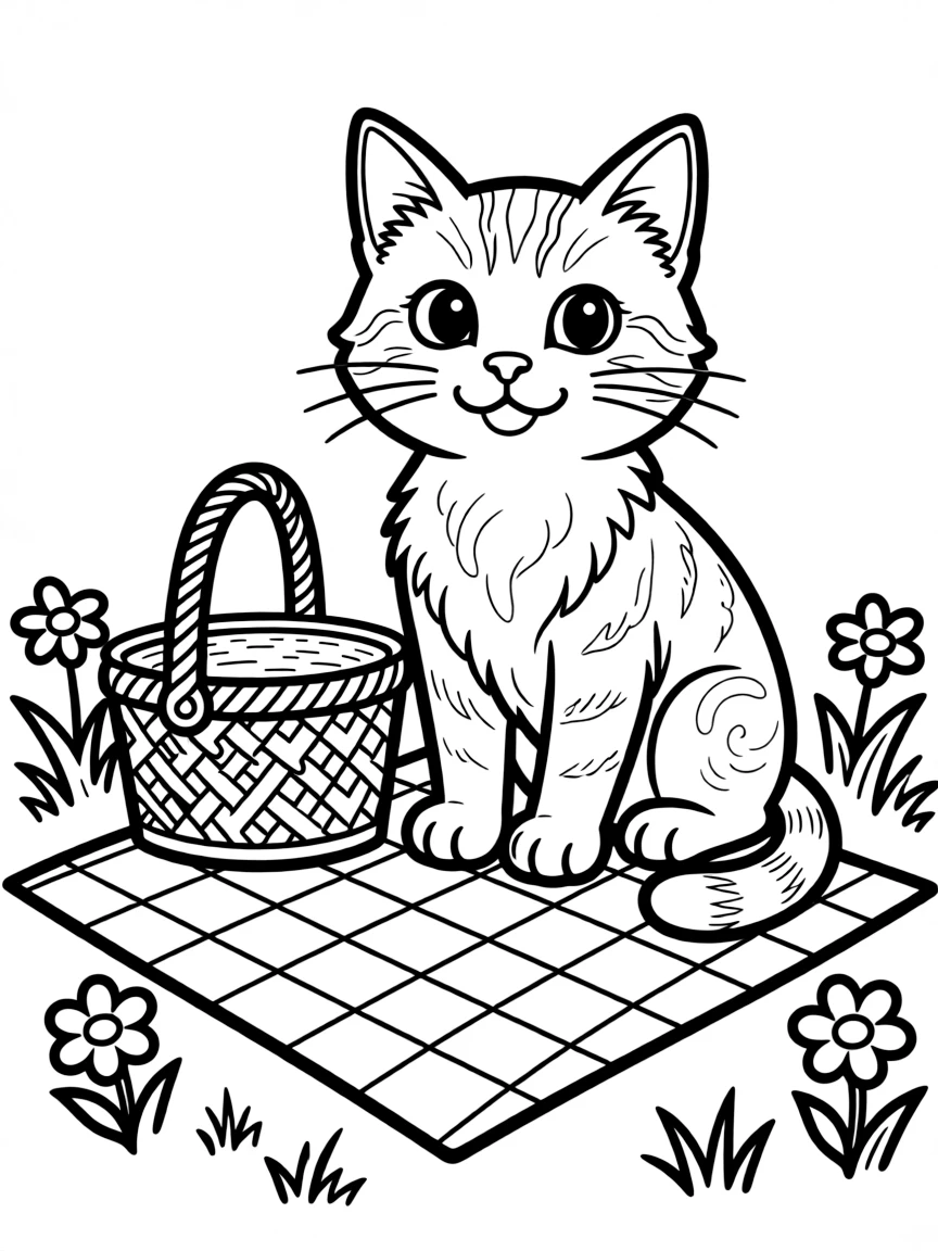 A cat with a picnic basket and blanket