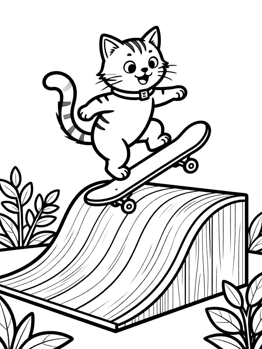A cat doing tricks on a skateboard ramp