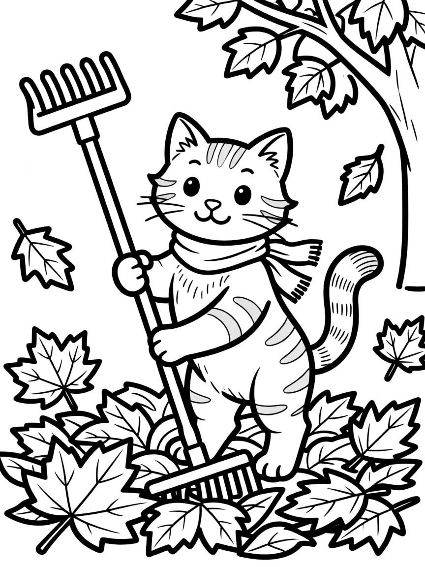 A cat raking autumn leaves