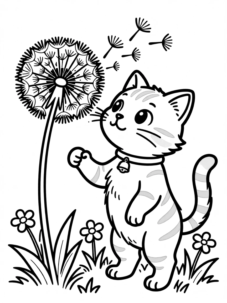A cat making a wish on a dandelion