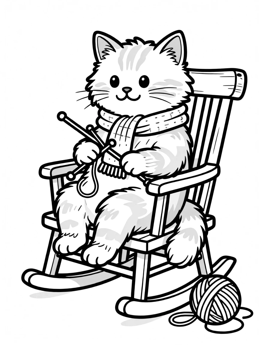 A cat in a rocking chair with knitting
