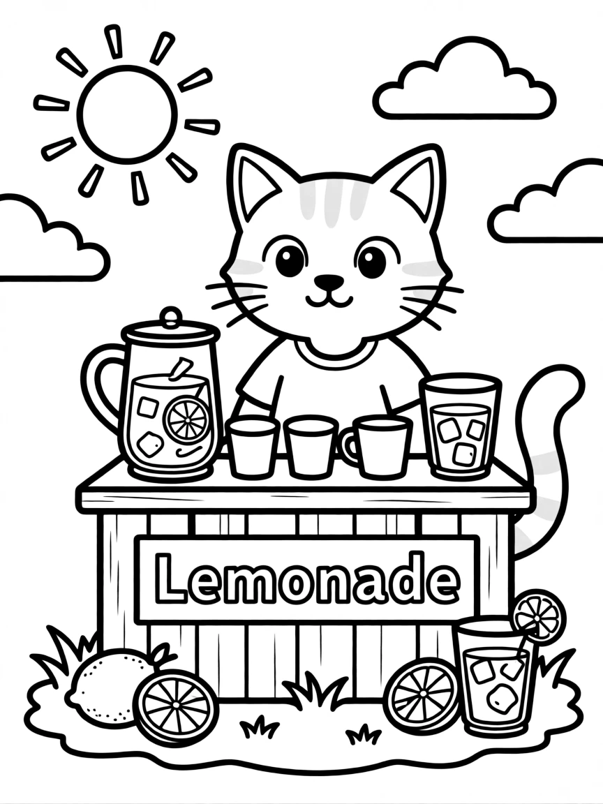 A cat with a lemonade stand on a hot day
