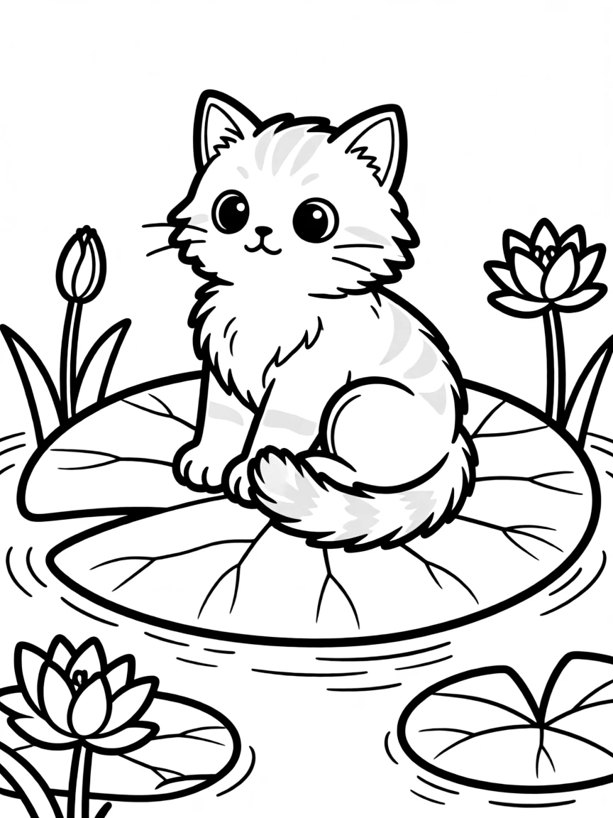 A cat floating on a lily pad