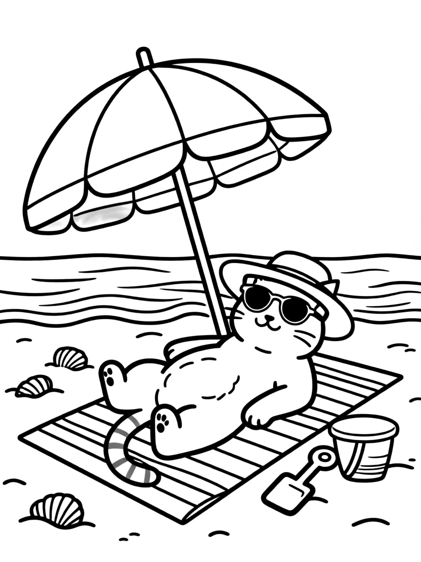 A cat having a beach day with towel and umbrella