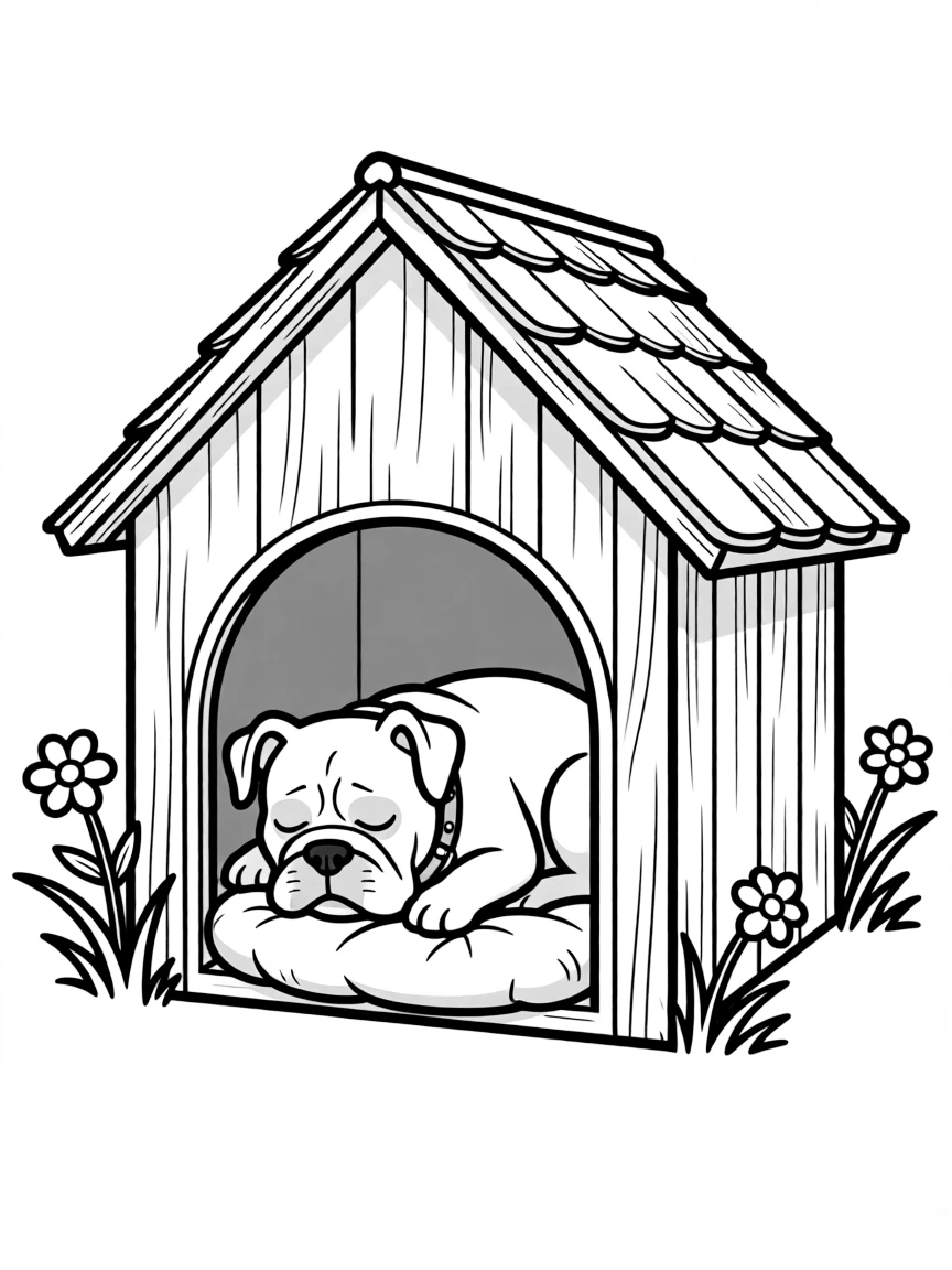 A sleepy Bulldog snoozing in a doghouse