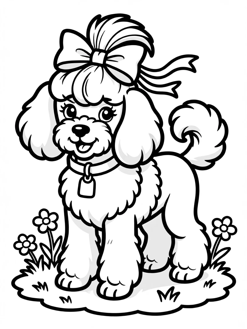 A Poodle with a fancy haircut and bow