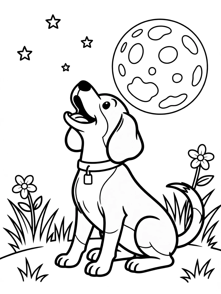 A Beagle howling at the moon