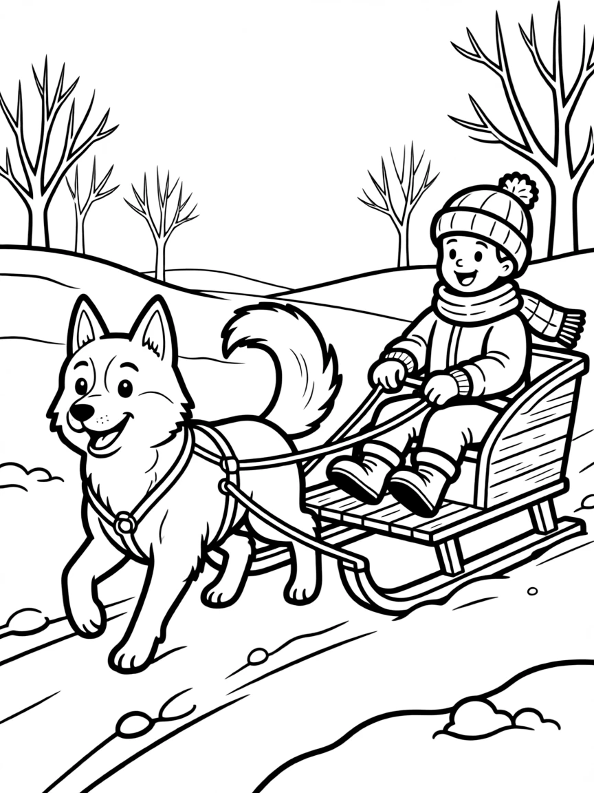 A Husky pulling a sled through snow