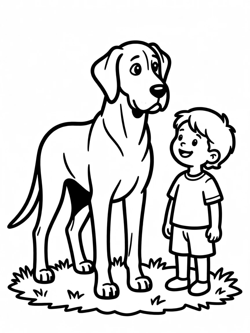 A Great Dane standing tall beside a small child
