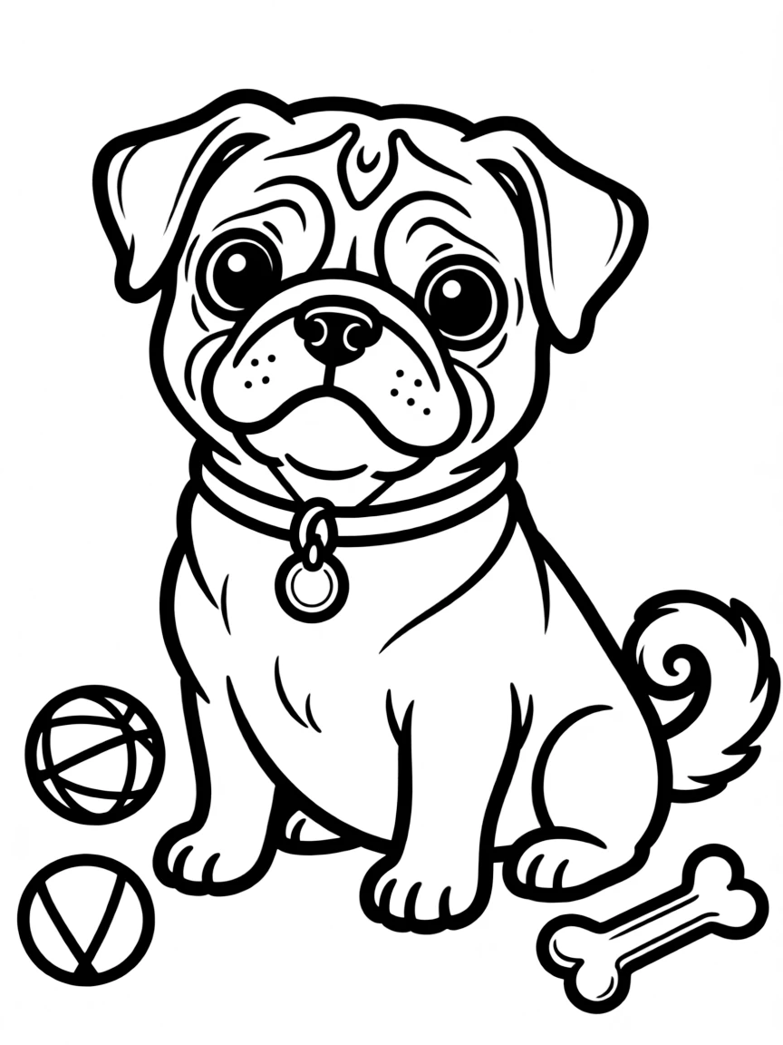 A Pug with its wrinkly face and curly tail