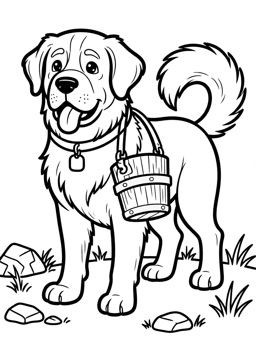 A Saint Bernard with a rescue barrel