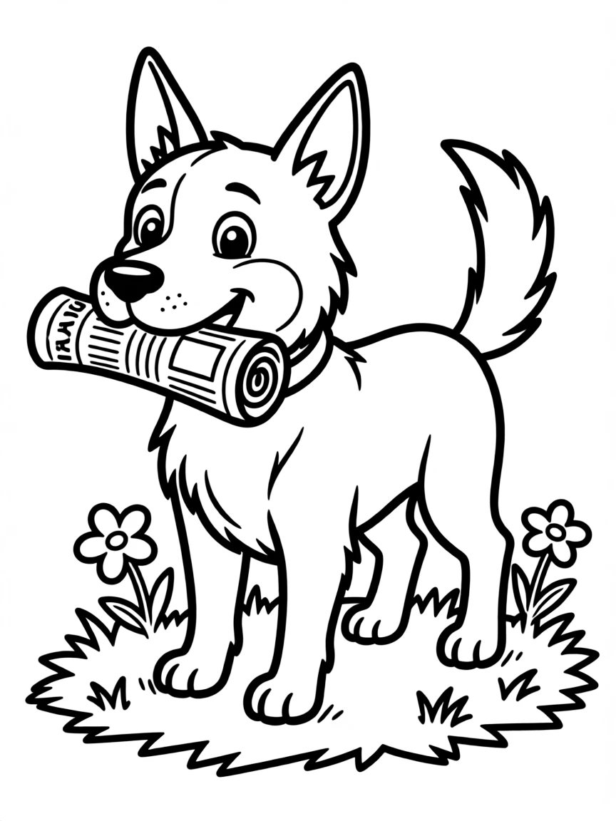 A dog with a newspaper in its mouth