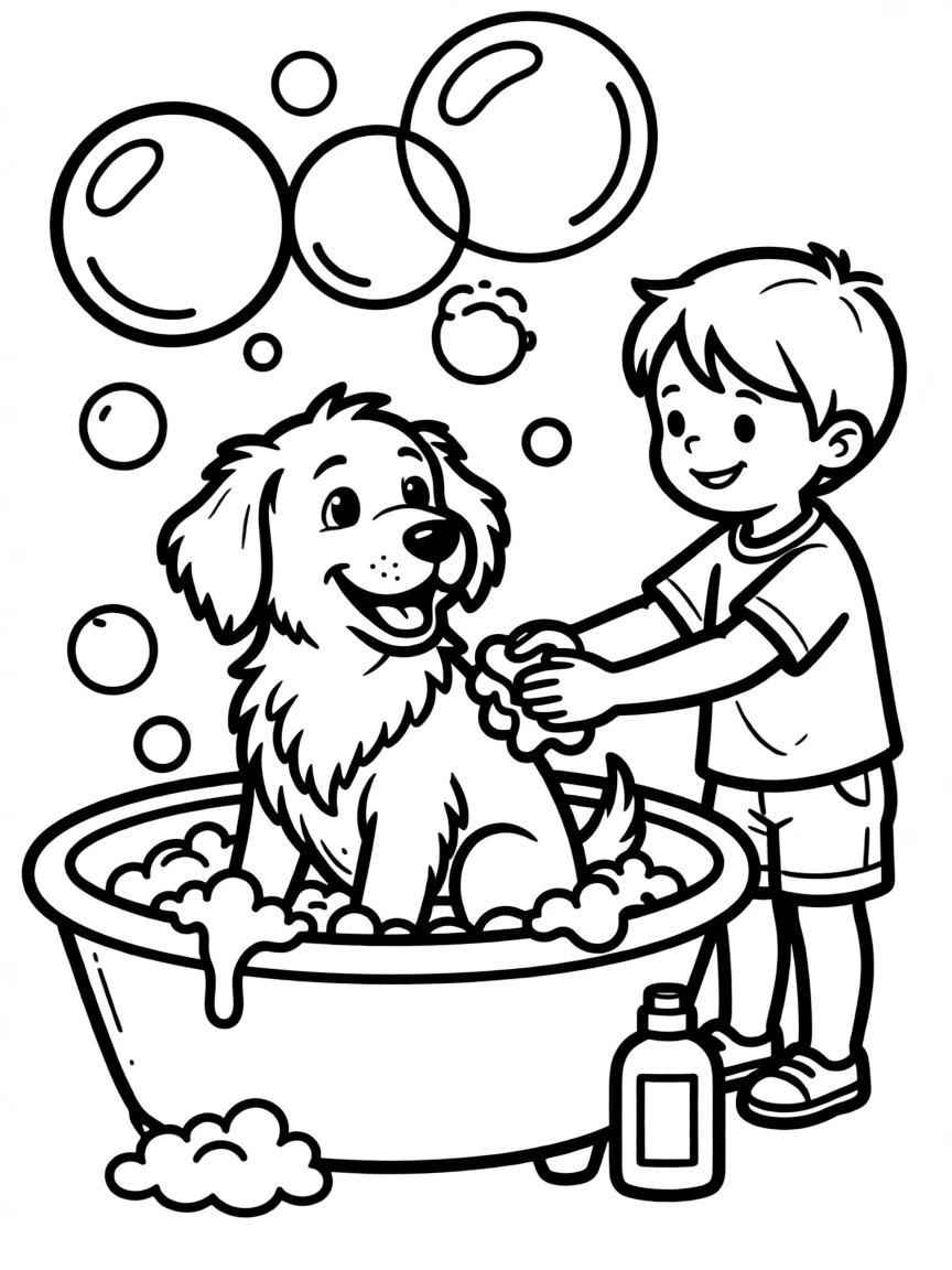 A dog taking a bath with bubbles