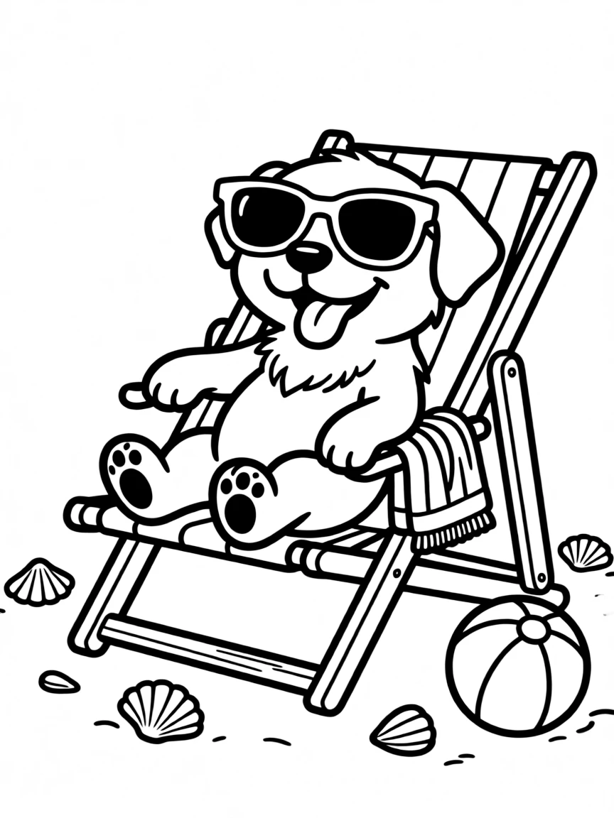 A dog wearing sunglasses and relaxing in a beach chair