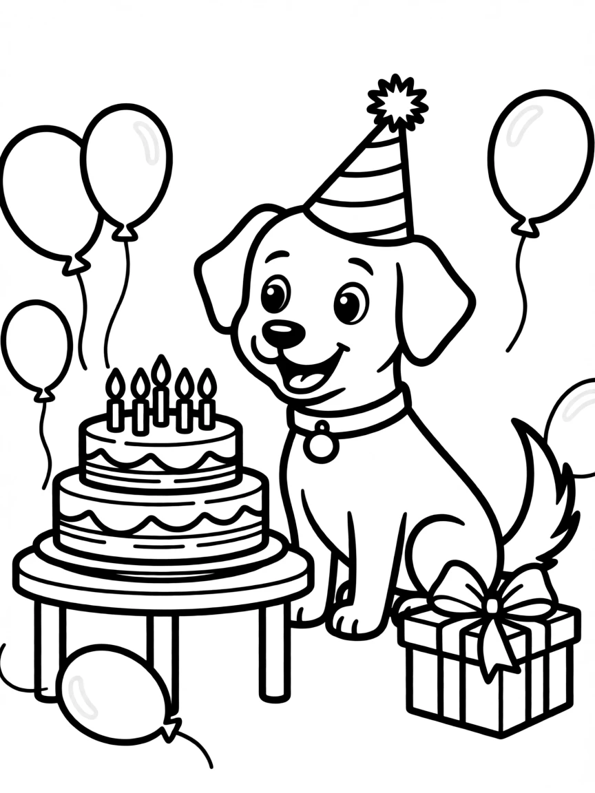 A dog with a birthday cake and party hat