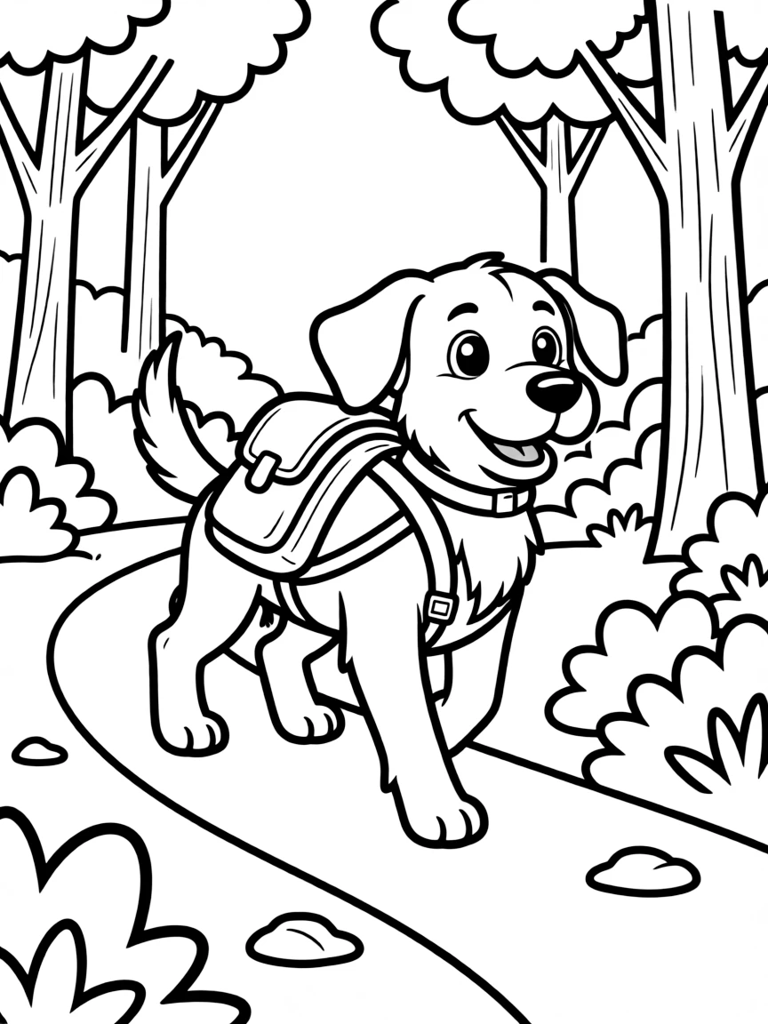 A dog carrying a backpack on a hiking trail