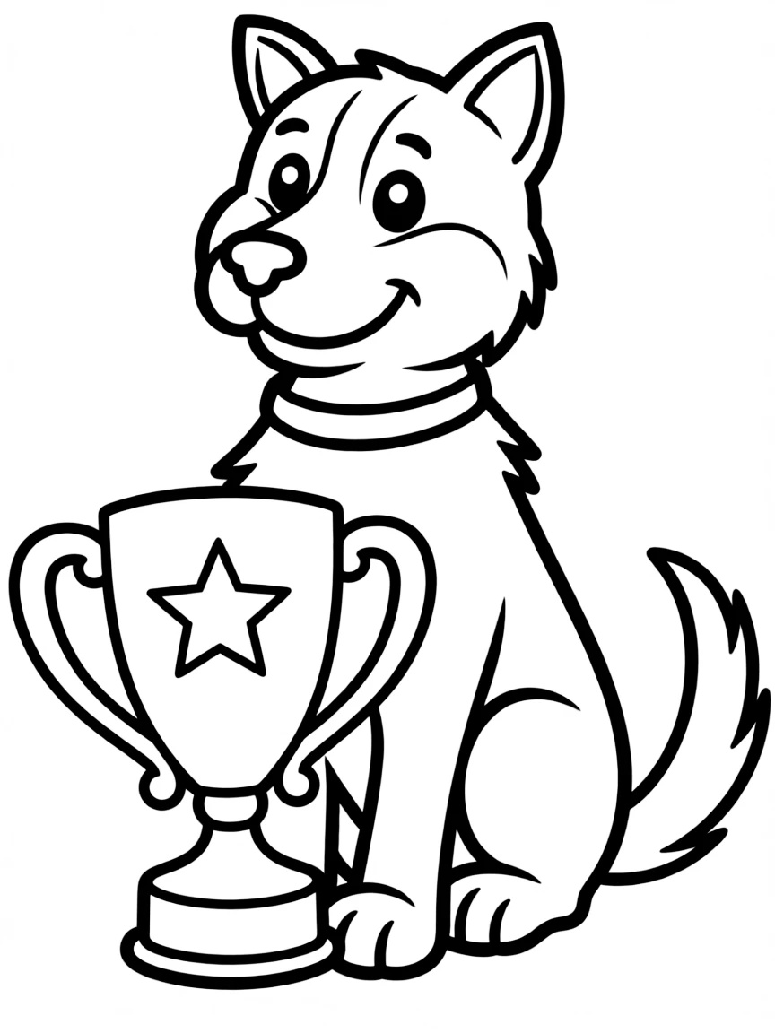 A dog sitting proudly with a trophy