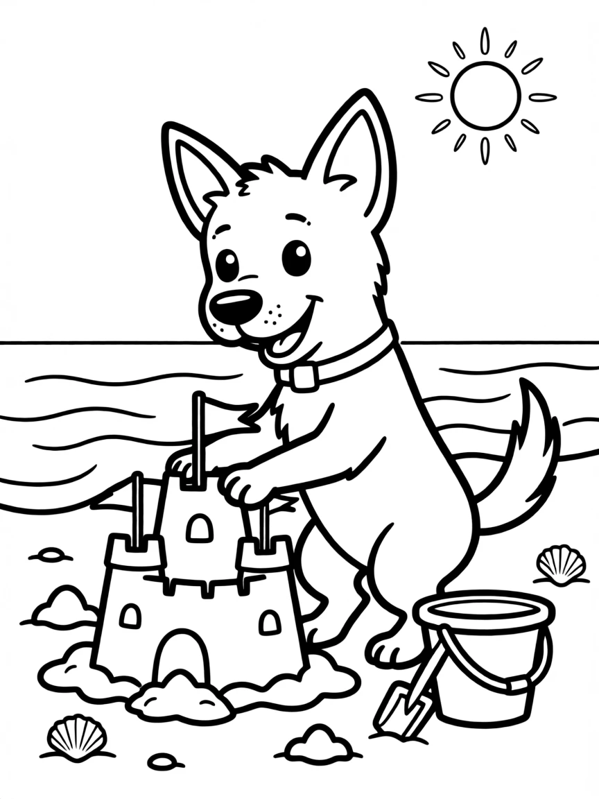 A dog building a sandcastle at the beach