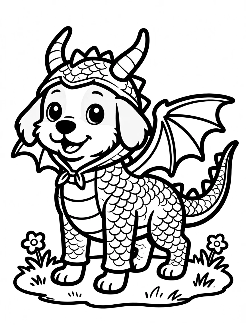 A dog dressed as a dragon