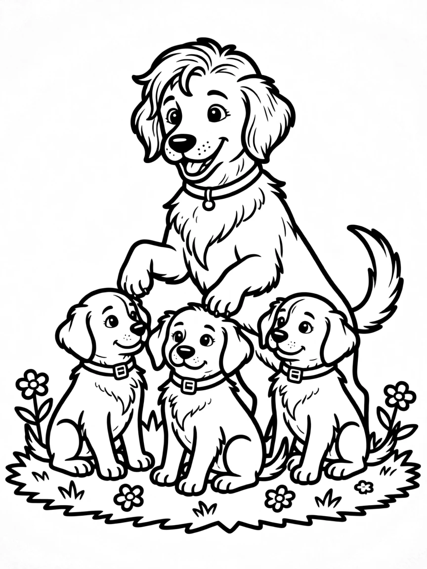 A dog teaching puppies to sit