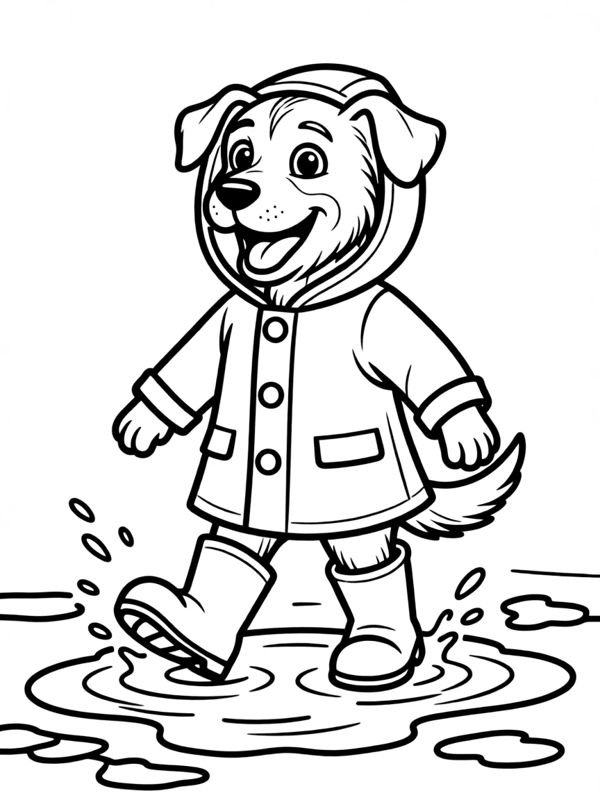 A dog wearing a raincoat and boots in puddles