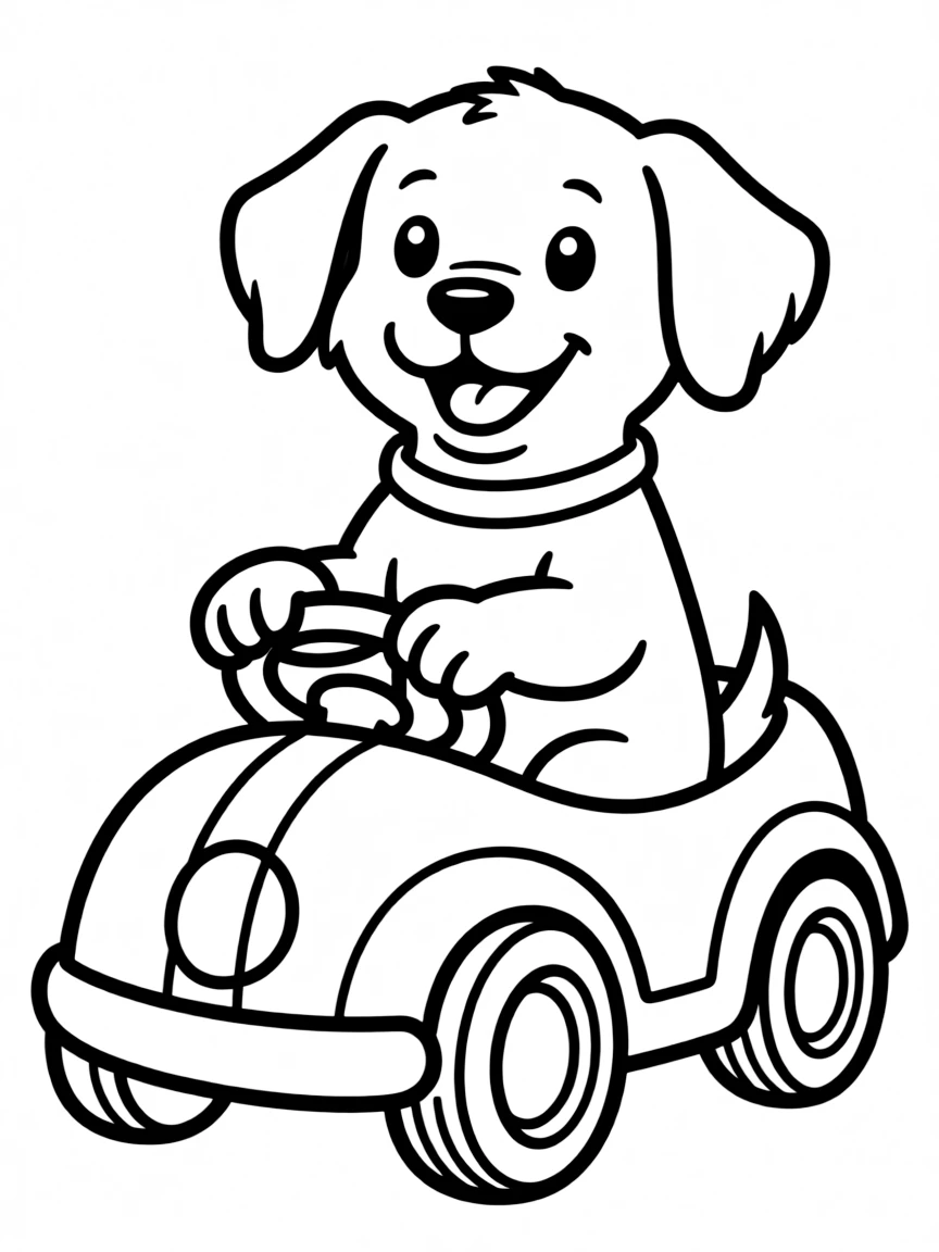 A dog driving a toy car