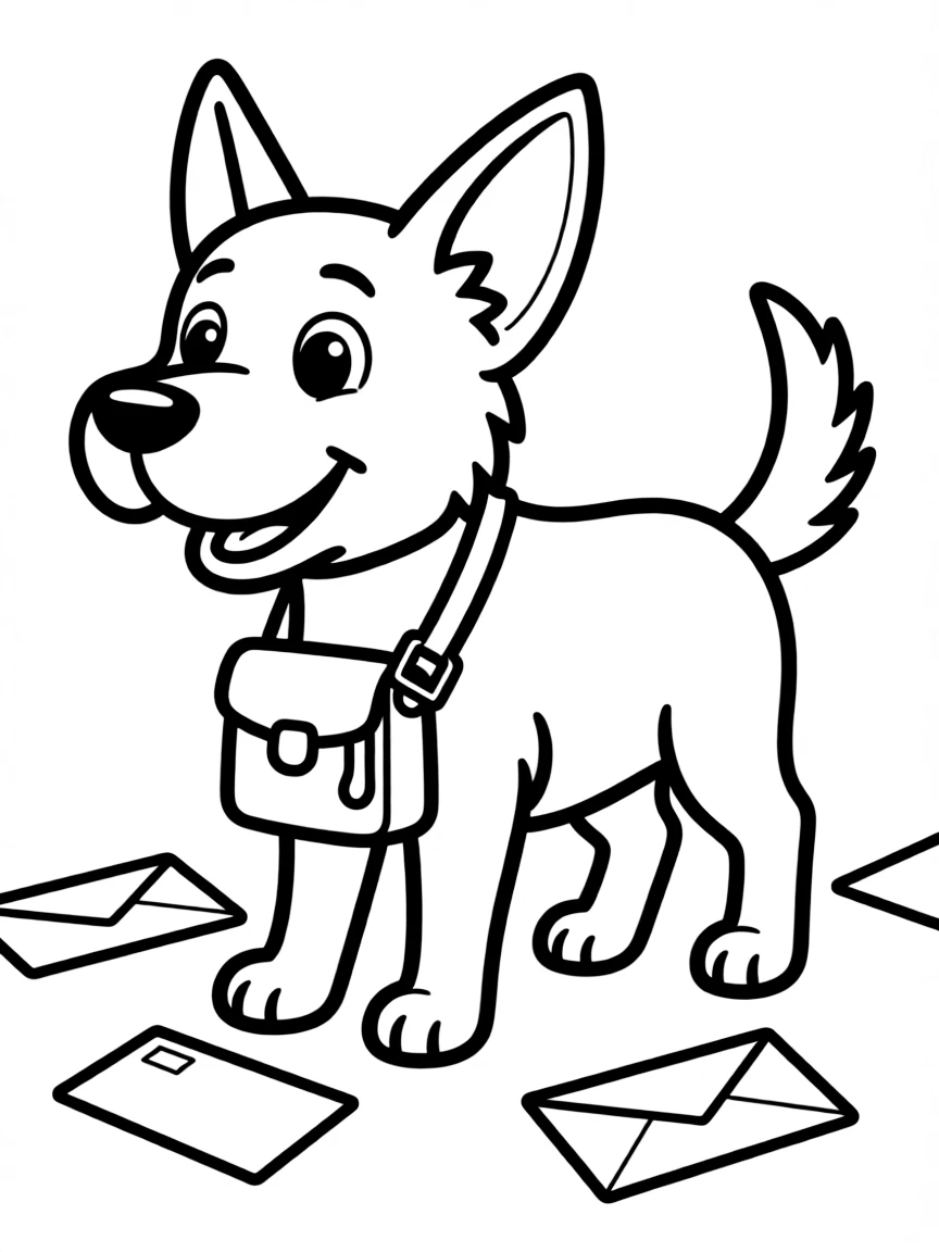 A dog delivering mail with a tiny mailbag