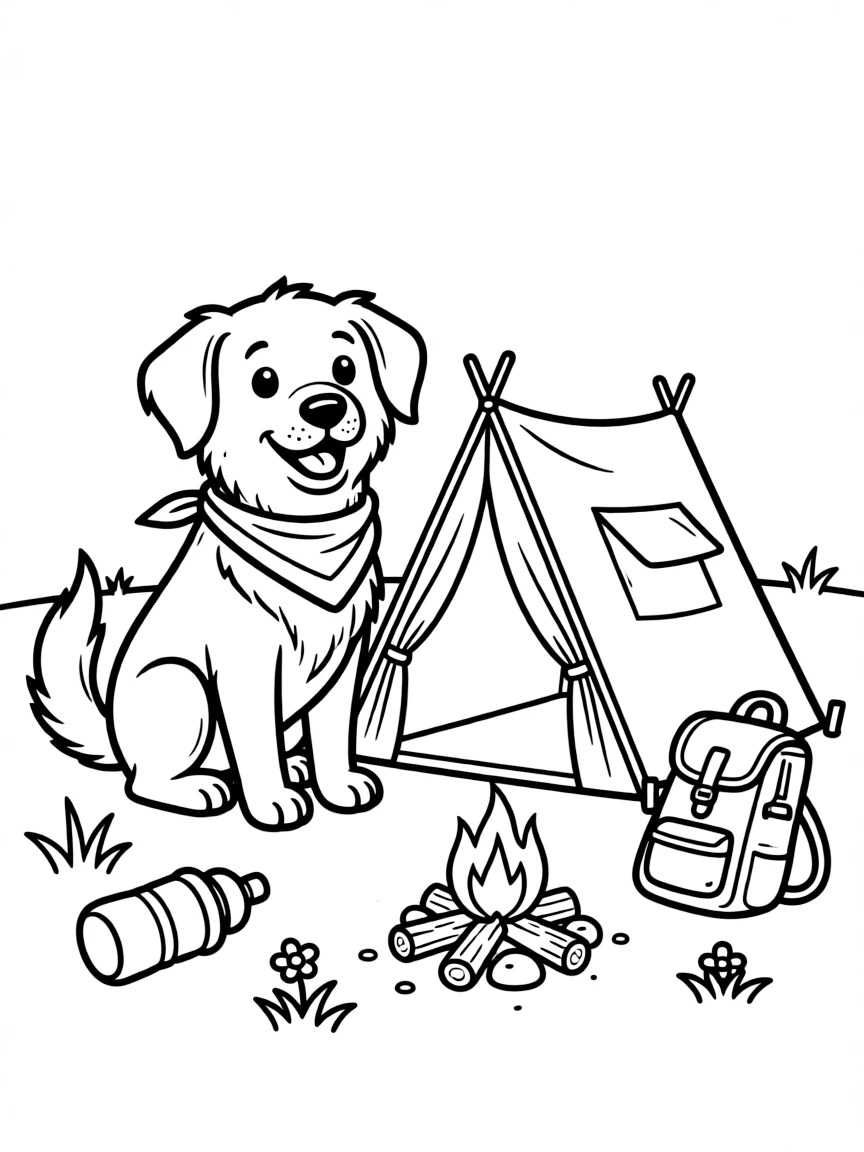 A dog camping with a tiny tent