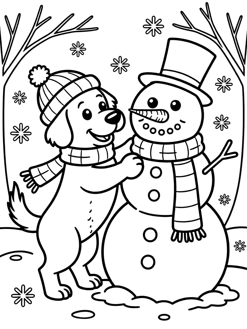 A dog building a snowman
