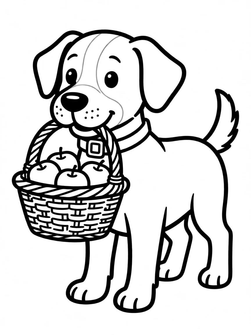 A dog carrying a basket of apples