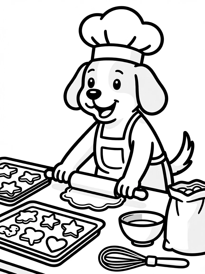A dog baking cookies