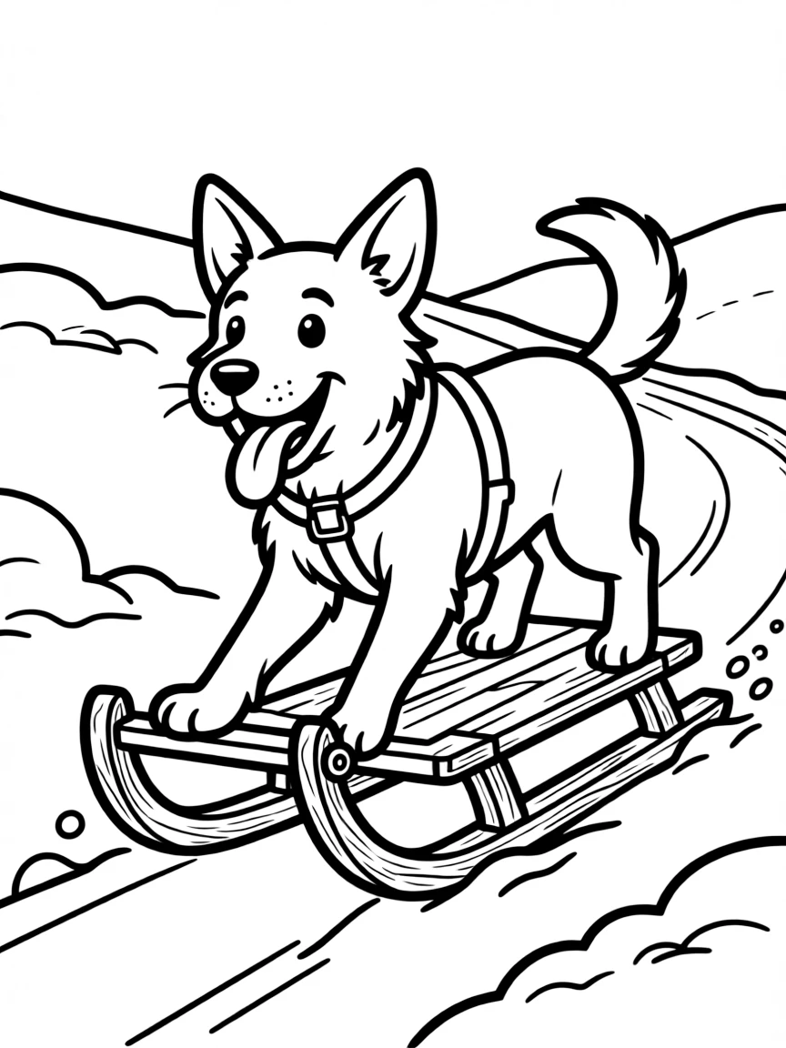 A dog sledding down a snowy hill