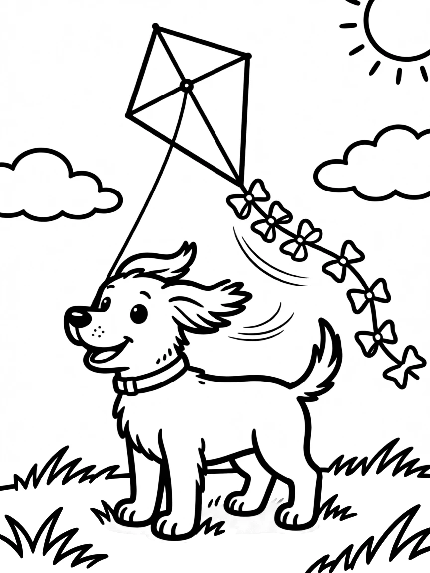 A dog flying a kite on a windy day