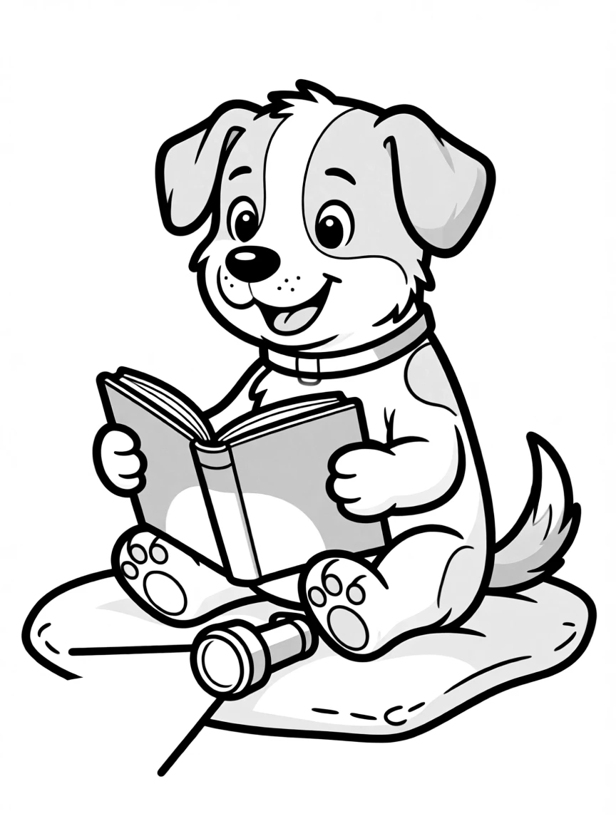 A dog reading a book by flashlight