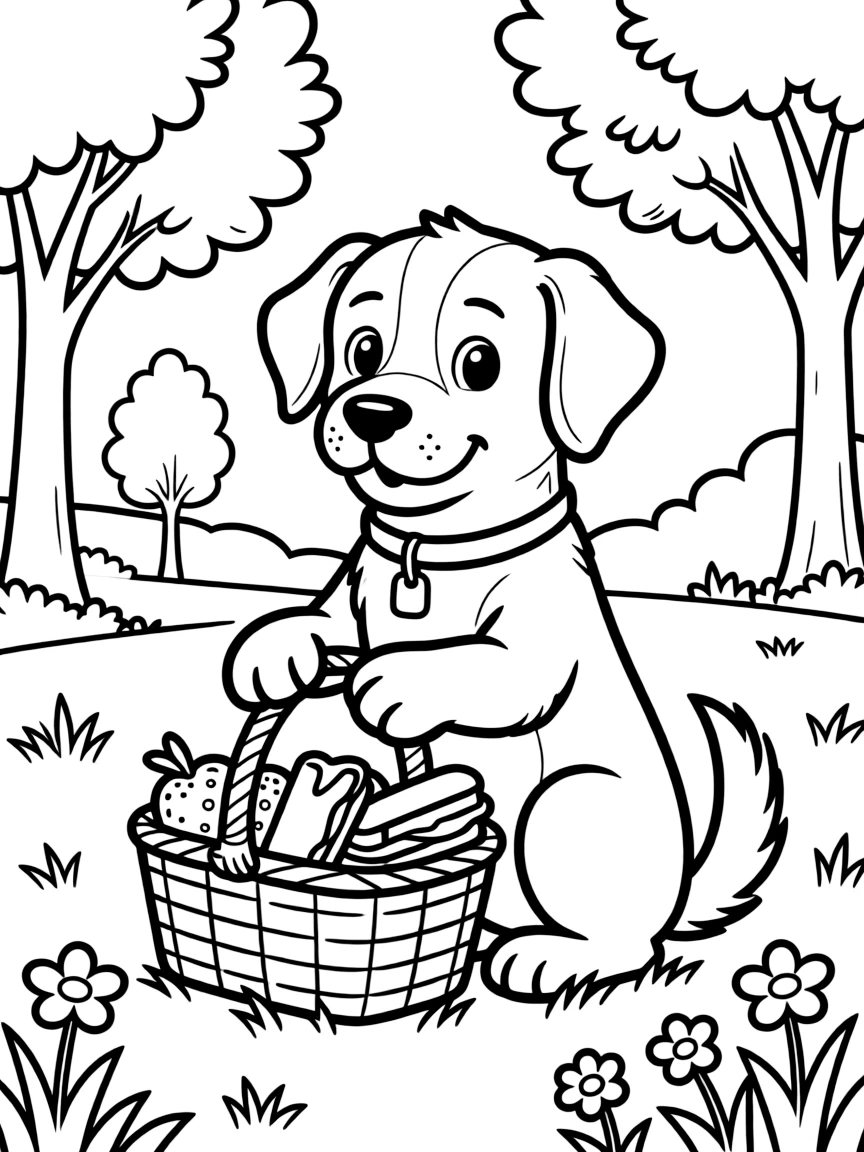 A dog with a picnic basket in the park