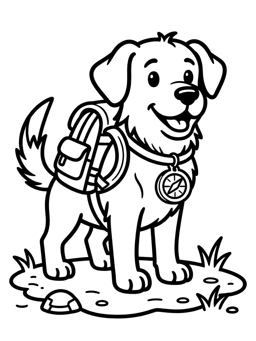 A dog hiking with a backpack and compass