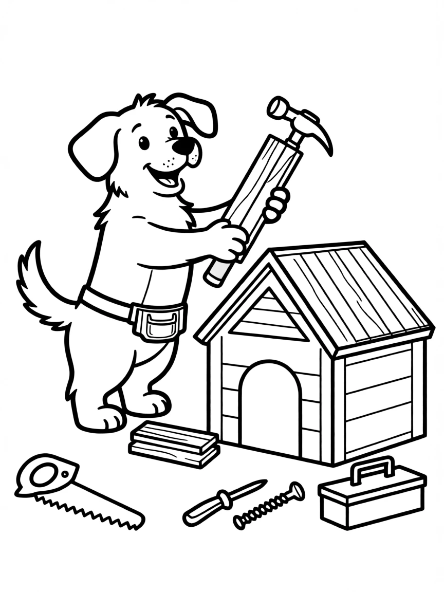 A dog building a doghouse
