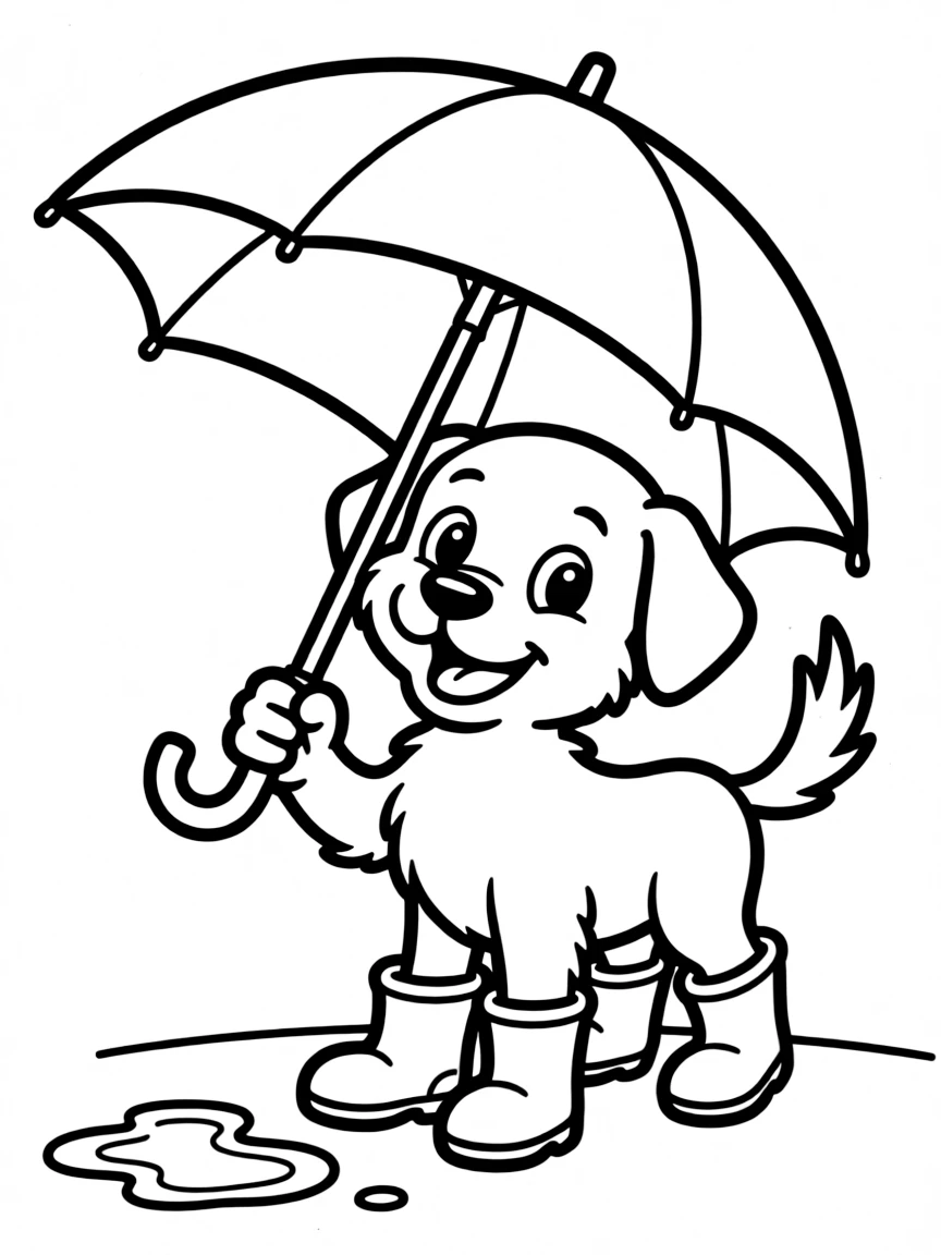 A dog wearing rain boots and holding an umbrella