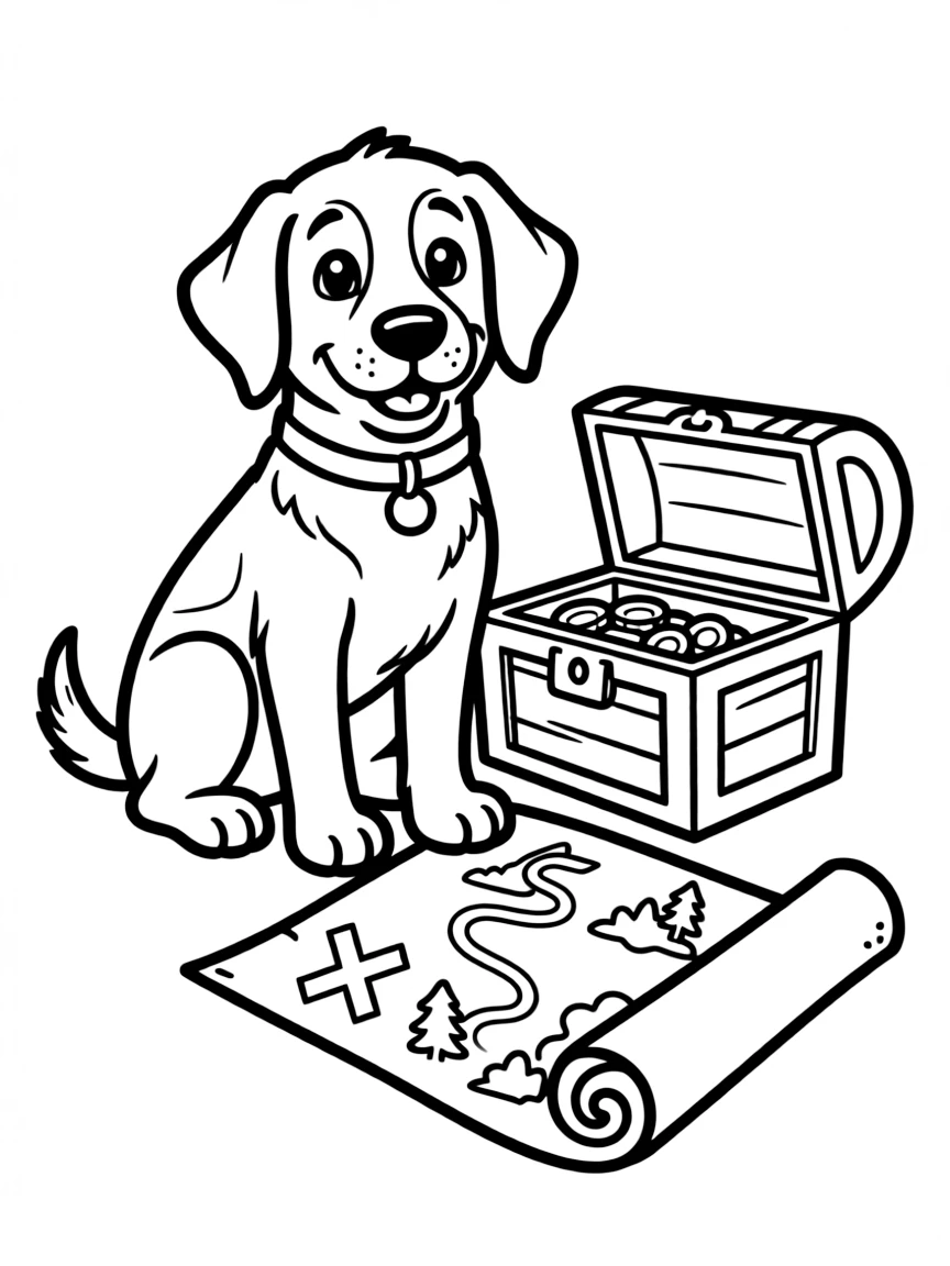 A dog with a treasure map and chest
