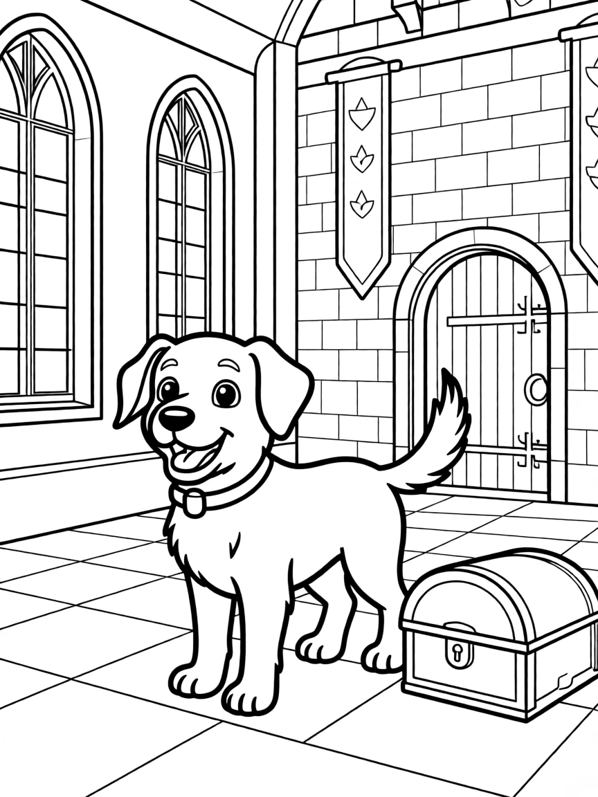 A dog in a fairy tale castle