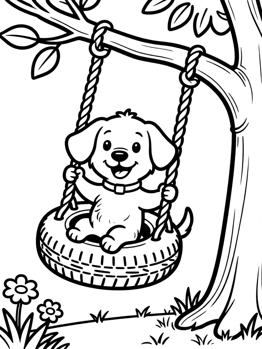 A dog swinging on a tire swing