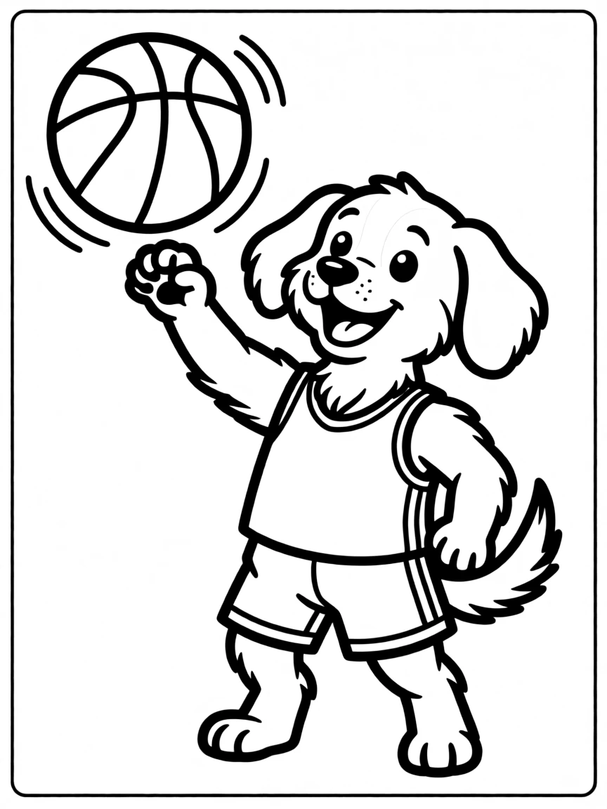 A dog spinning a basketball