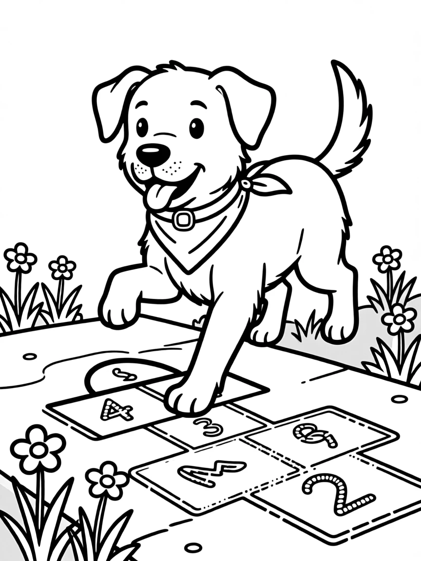 A dog playing hopscotch