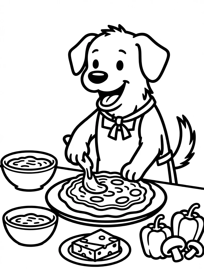 A dog making a pizza