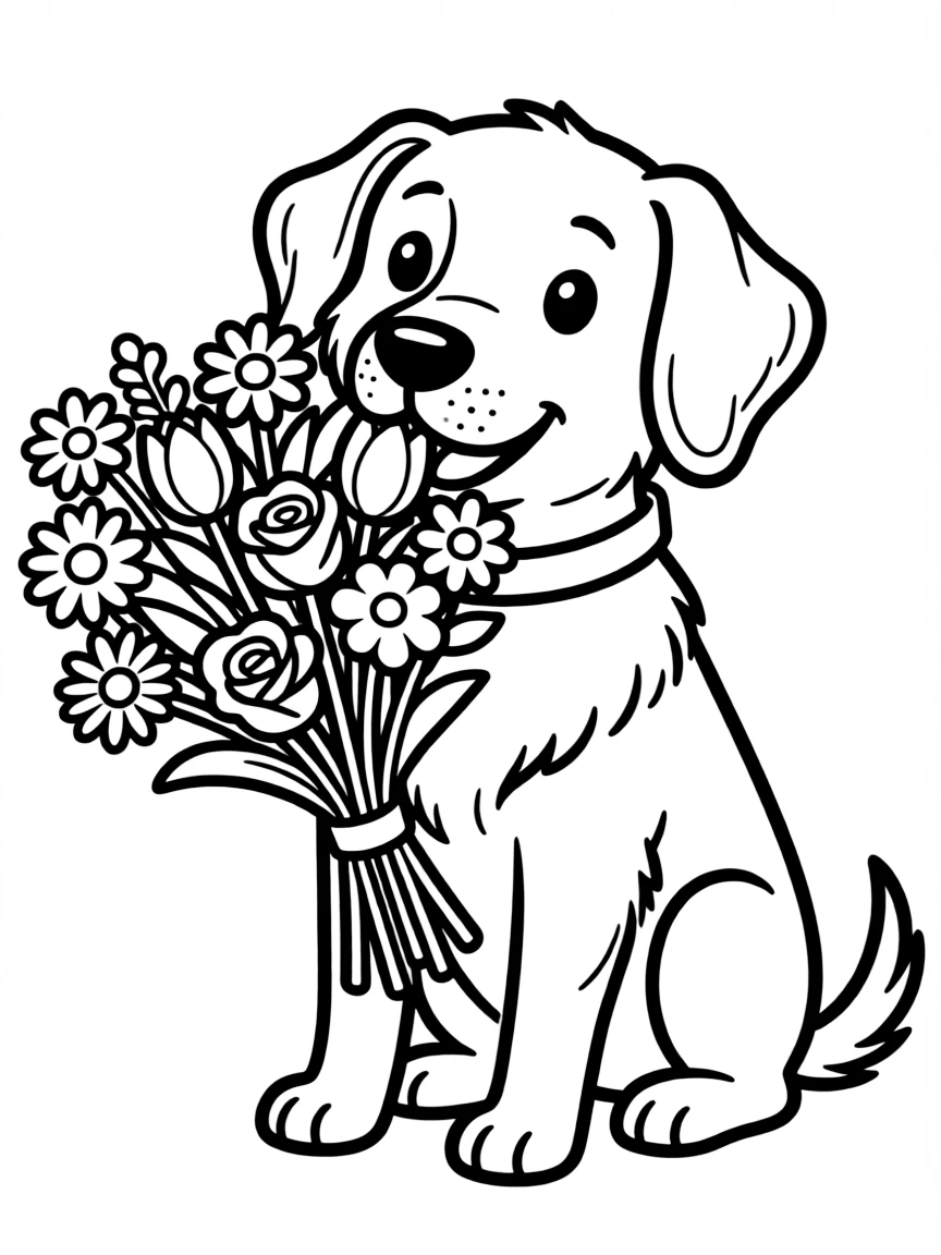 A dog with a bouquet of flowers