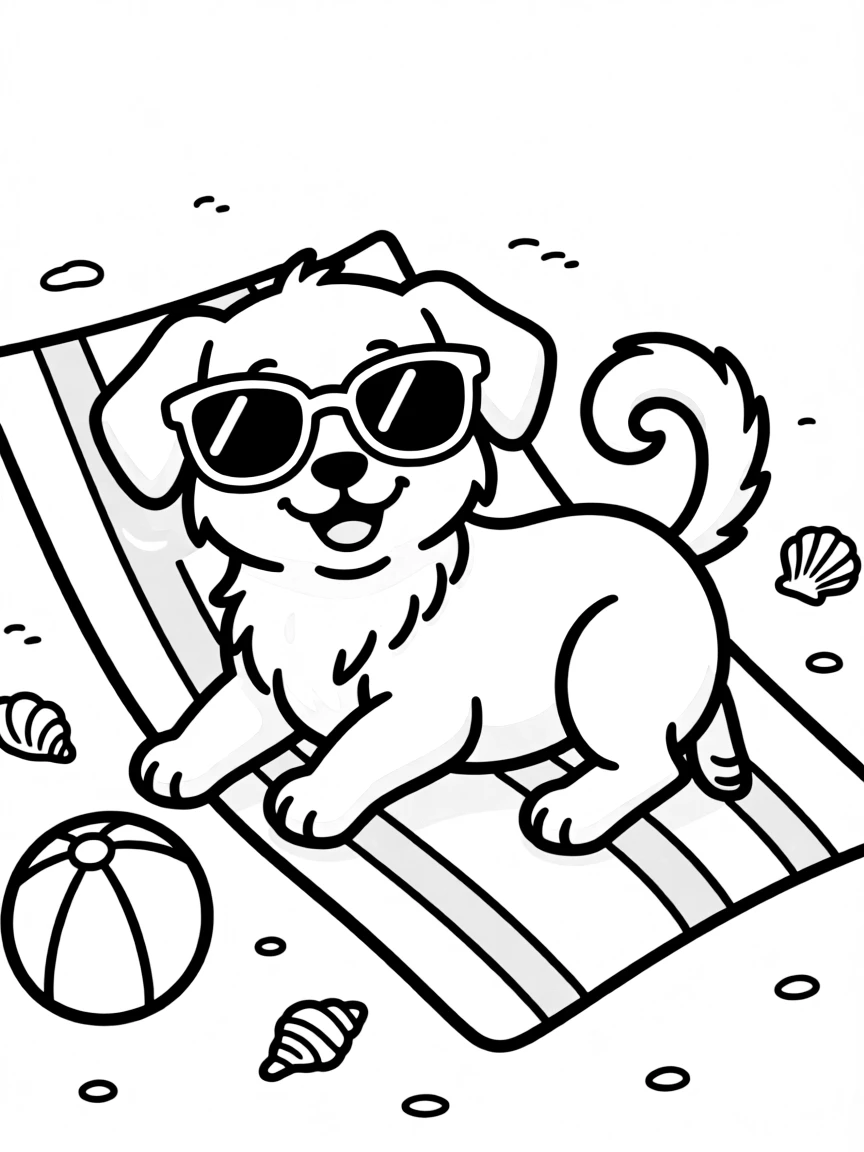 A dog in sunglasses on a beach towel