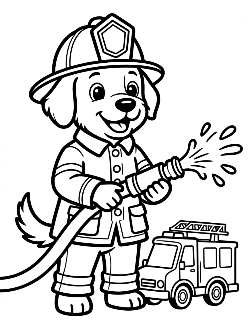 A dog dressed as a firefighter