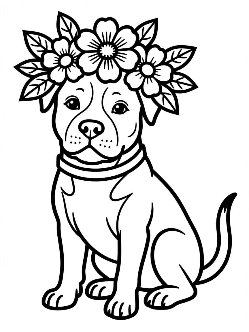A Pit Bull with a flower crown showing its gentle side