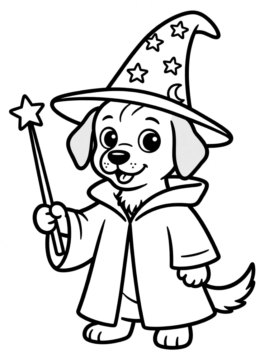 A dog dressed as a wizard with wand and hat