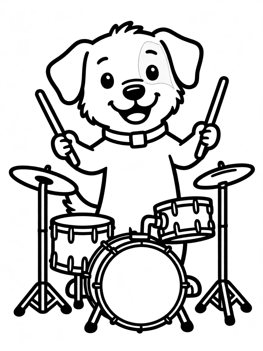 A dog playing a tiny drum set